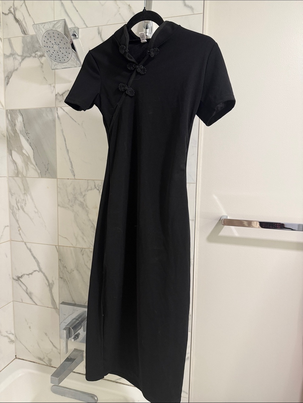 Classic Black Cheongsam-Style Midi Dress